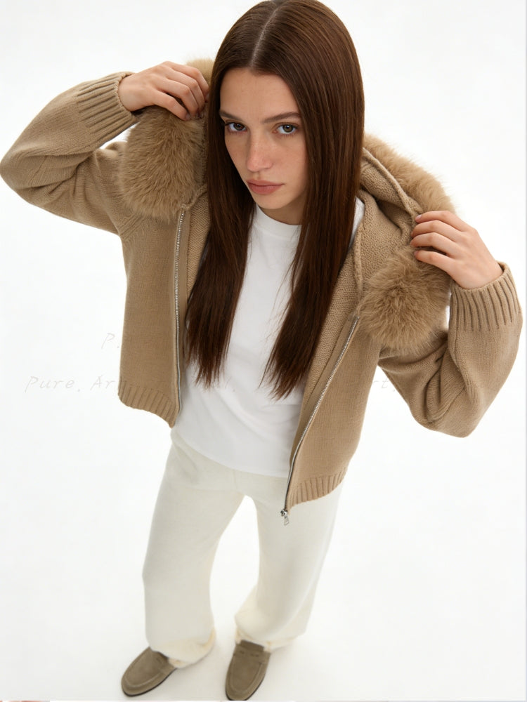 Large Faux Fox Fur Hooded Zip-Up Cardigan
