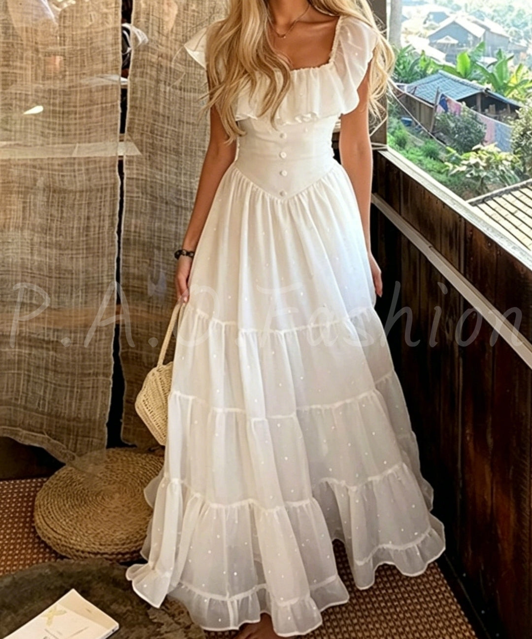 Square Neck Ruffle Beaded Maxi Dress[Available Now]