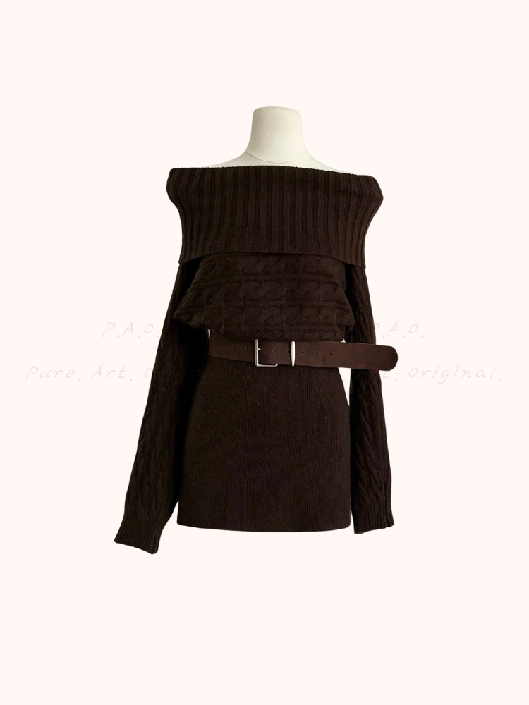 High-Neck Knit Mini Dress with Belt