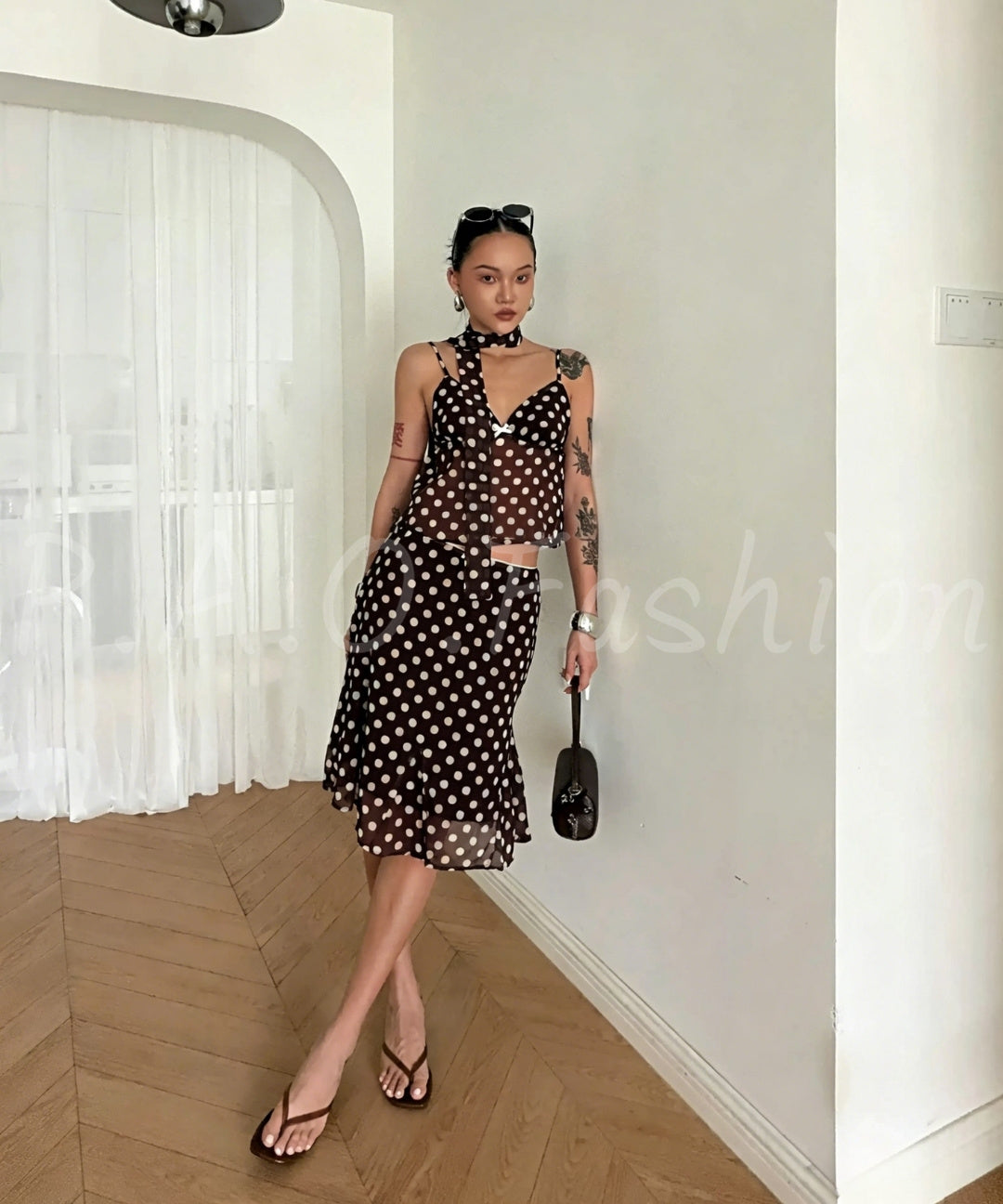 Vacation-Inspired Polka Dot Chiffon Three-Piece Set