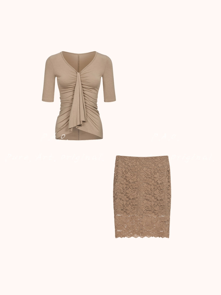 V-Neck Ruched Knit Top & Lace Pencil Skirt Set