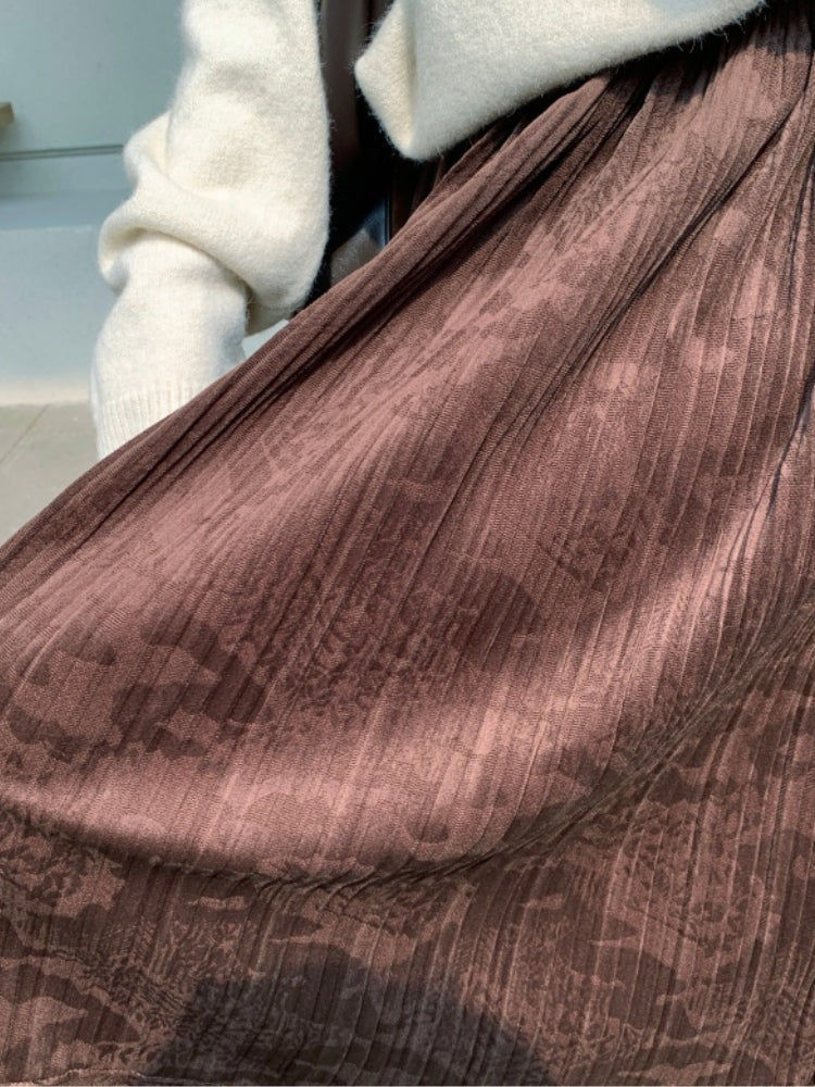 Vintage Suede-Like Pleated A-Line Skirt