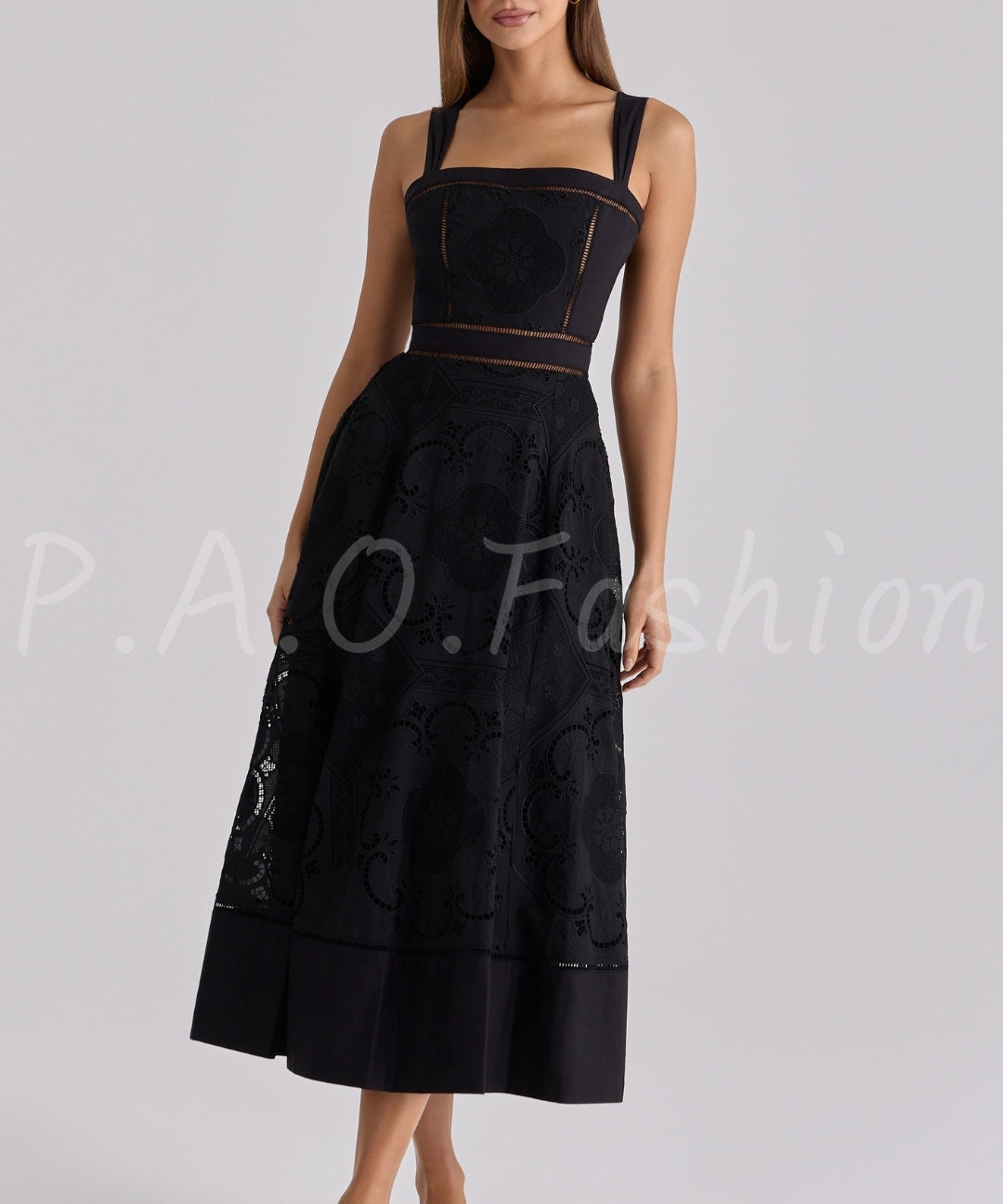 Broderie Anglaise Placement Square Neck Midi Dress[Available Now]