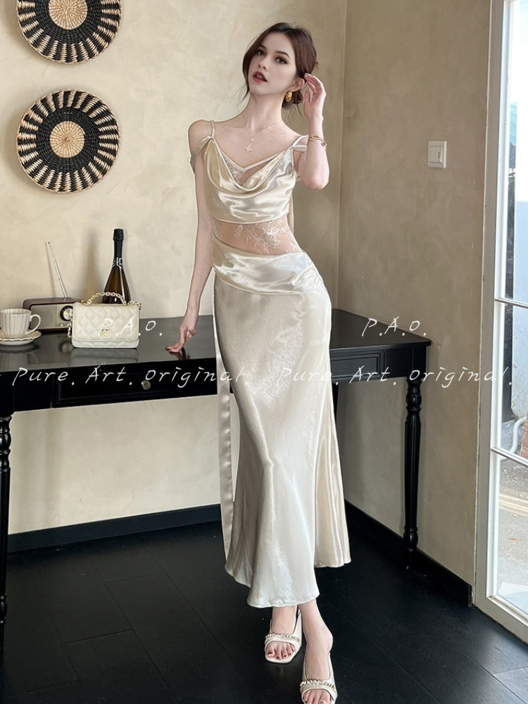 CELINE SATIN LACE MERMAID MAXI DRESS