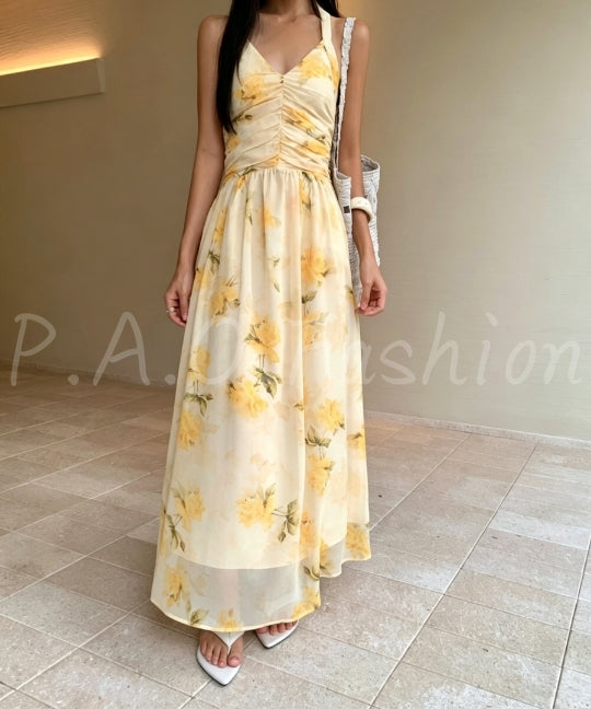 Floral Halter V-Neck Maxi Dress