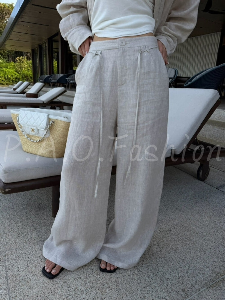 French Relaxed Linen Drawstring Wide-Leg Pants