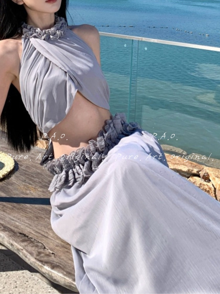 ÉLAN HALTER CUT-OUT RUFFLE TWO-PIECE MAXI SET