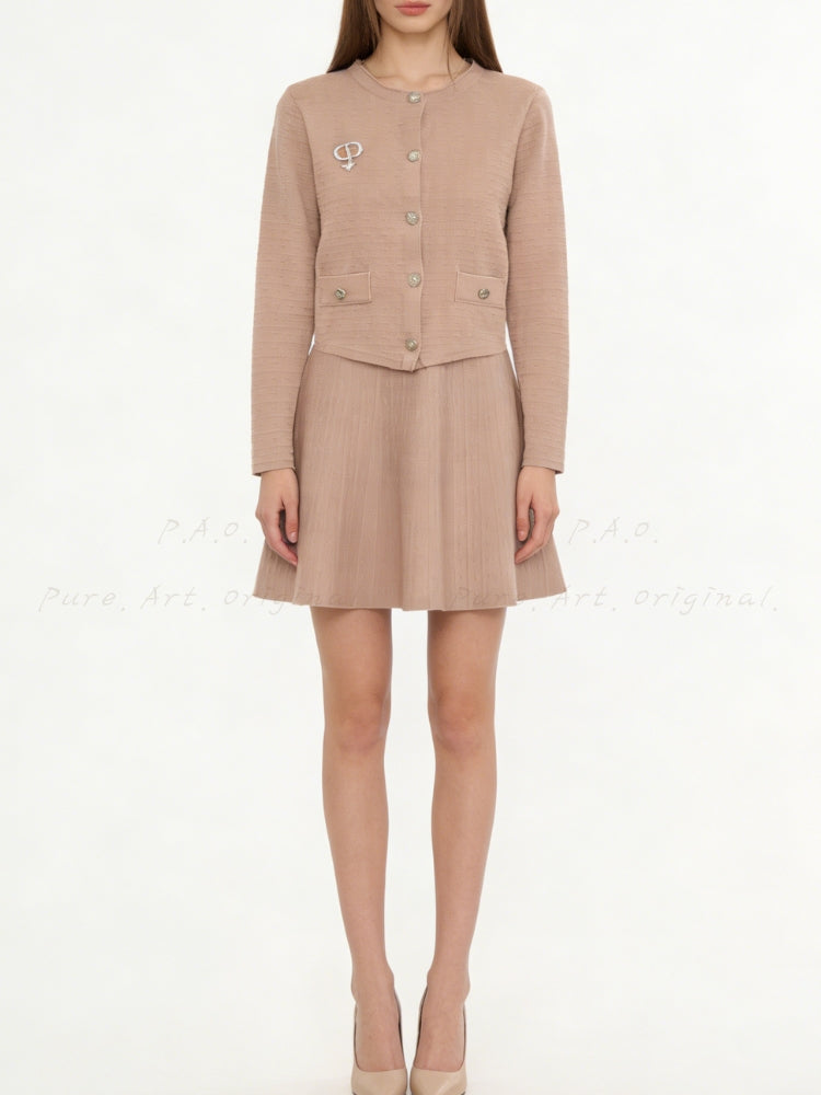 Rhinestone Brooch Jacquard Knit Cardigan & Waist-Defining Mini Skirt Two-Piece Set