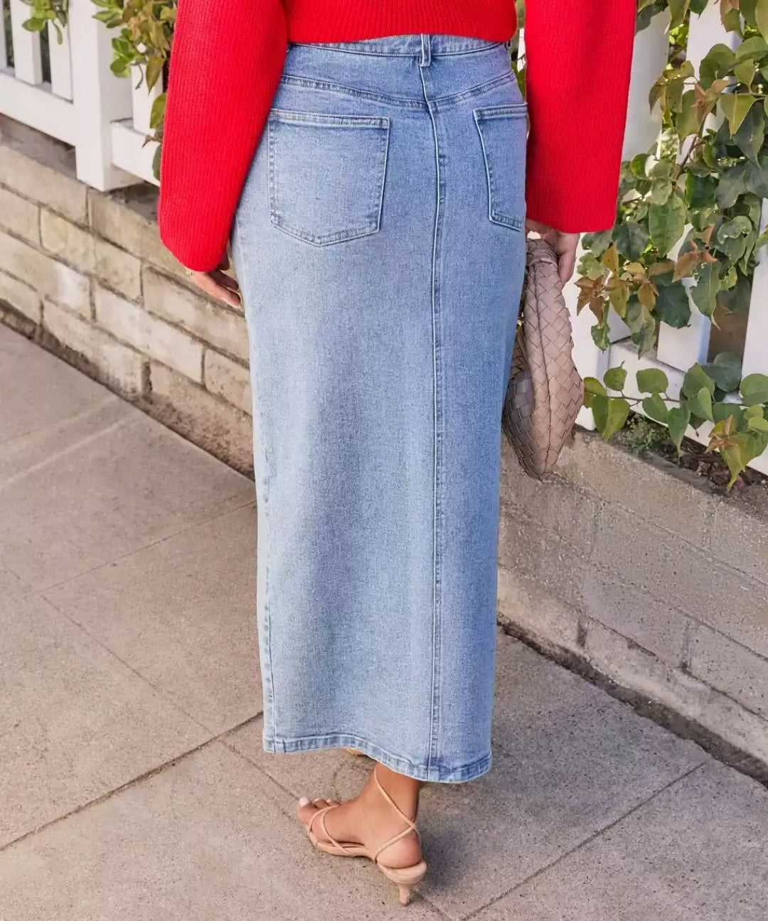 High-Waisted Front Slit Denim Straight Maxi Skirt