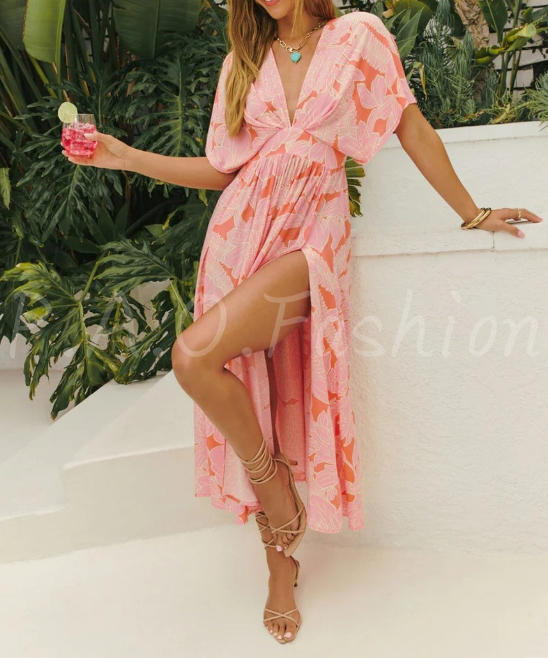 Tropical Print V-Neck Maxi Dress[Available Now]