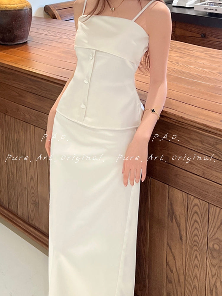Satin Two-Piece Set – Snatched Waist Top & Sleek Midi Skirt