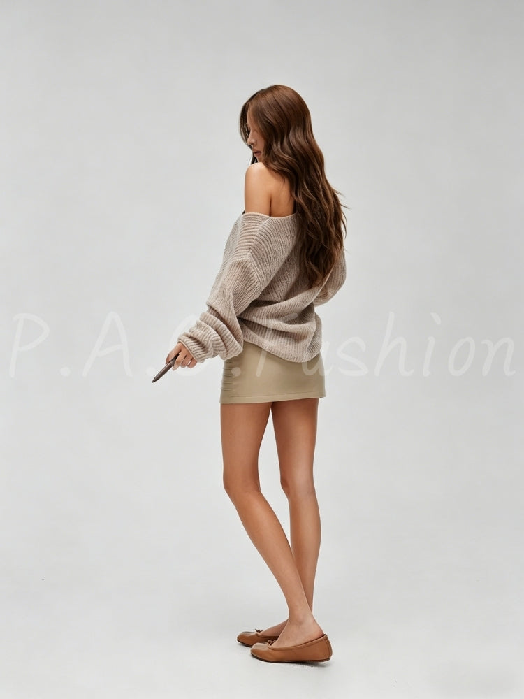 Vintage Slouchy V-Neck Open-Knit Sweater