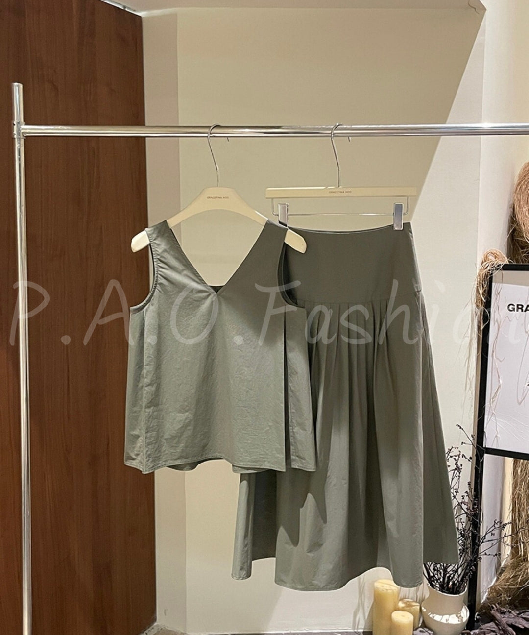 V-Neck Tank & Pleated Midi Skirt Set[Available Now]
