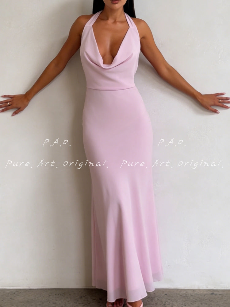 HALTER BACKLESS CHIFFON MERMAID DRESS