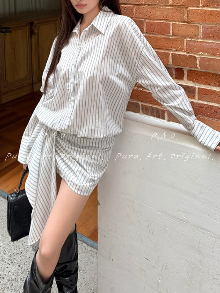 Asymmetric Pinstripe Shirt Dress