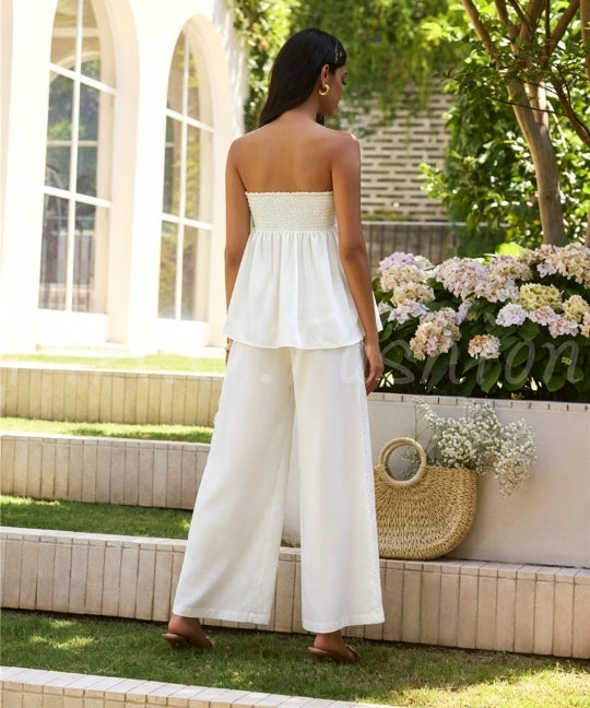 Twist Bandeau Satin Top & Wide-Leg Pants Set