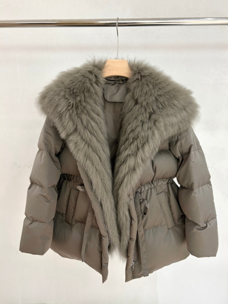 Warm Down Jacket with Turn-Down Collar & Detachable Fur Trim