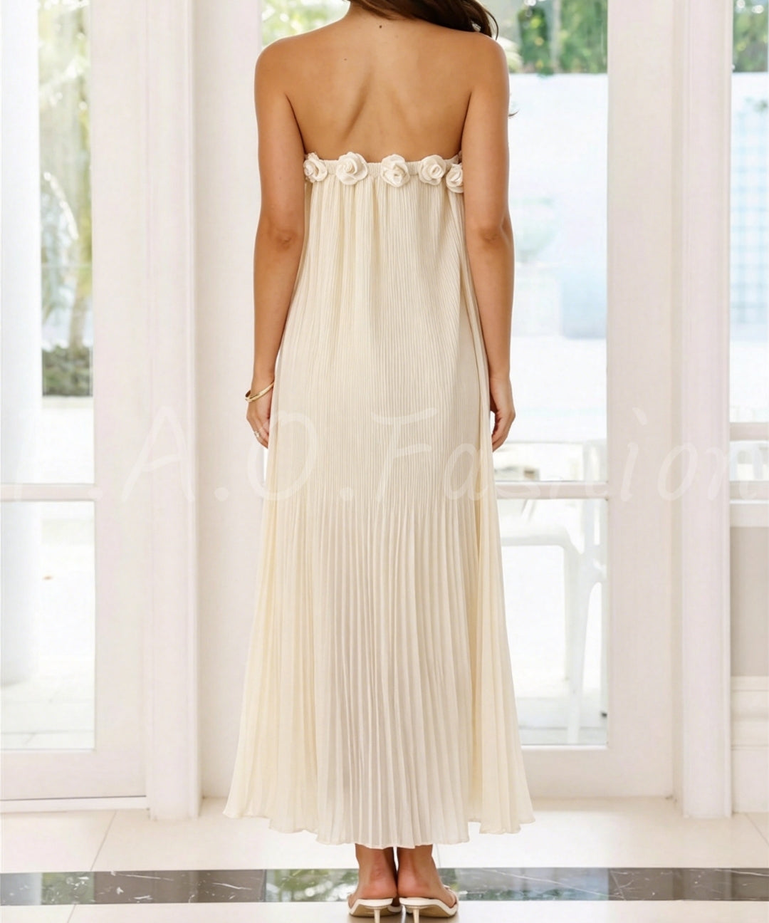 Strapless Pleated Chiffon Maxi Dress with Rosette Detail[Available Now]