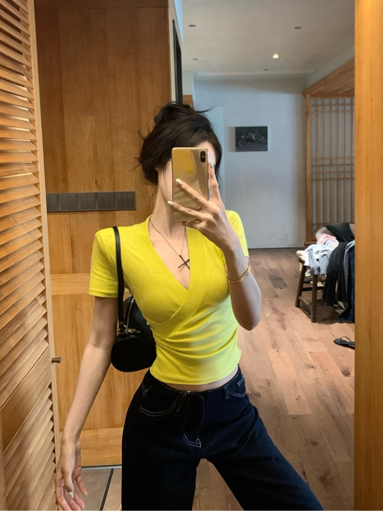 Cross-Front V-Neck Short Sleeve T-Shirt