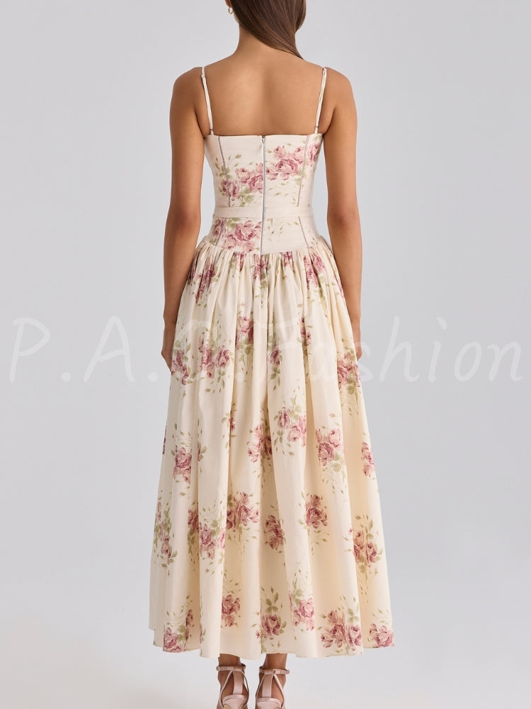 Rose Print Corset A-Line Dress