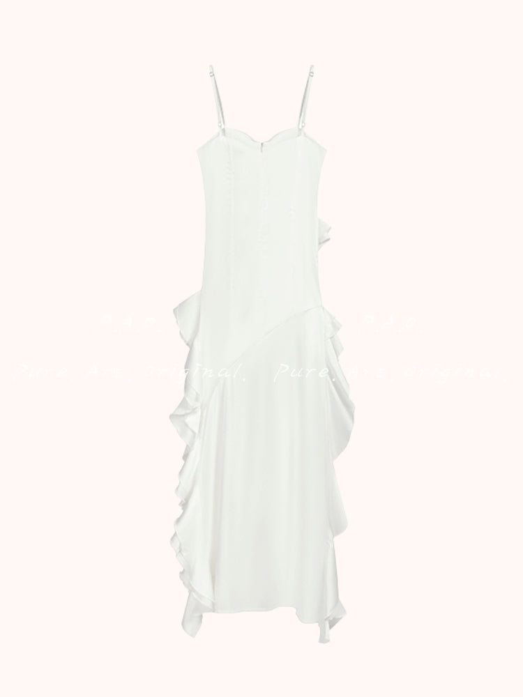 White Asymmetrical Ruffle Chiffon Dress