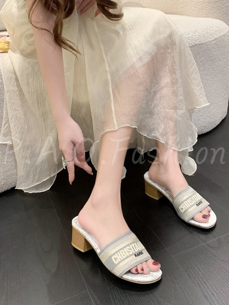 Embroidered Square-Toe Block Heel Slide Sandals