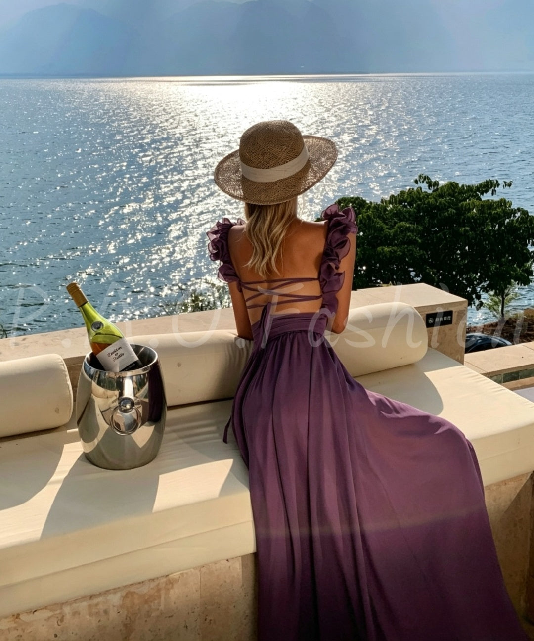Ruffle Shoulder Open-Back Chiffon Maxi Dress