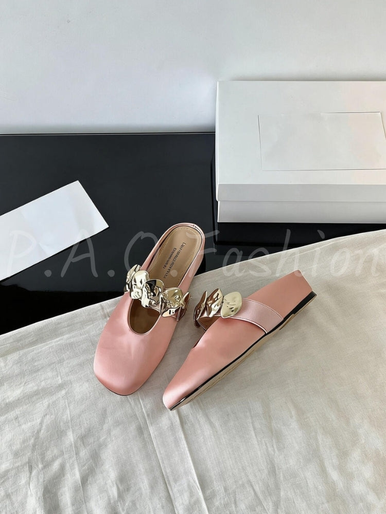 French Vintage Square-Toe Metal Accent Mule Flats