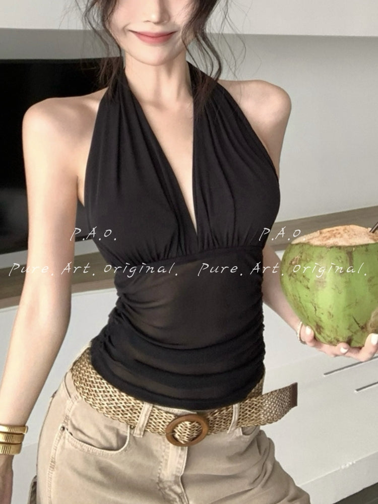 Halter Deep V Ruched Mesh Backless Top
