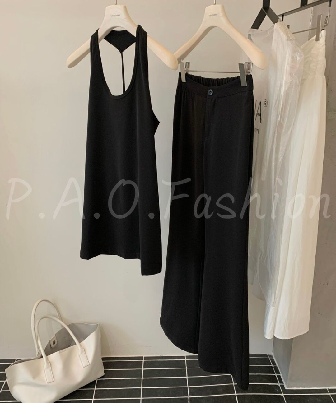 U-Neck Racerback Long Tank & Wide-Leg Flare Pants Set