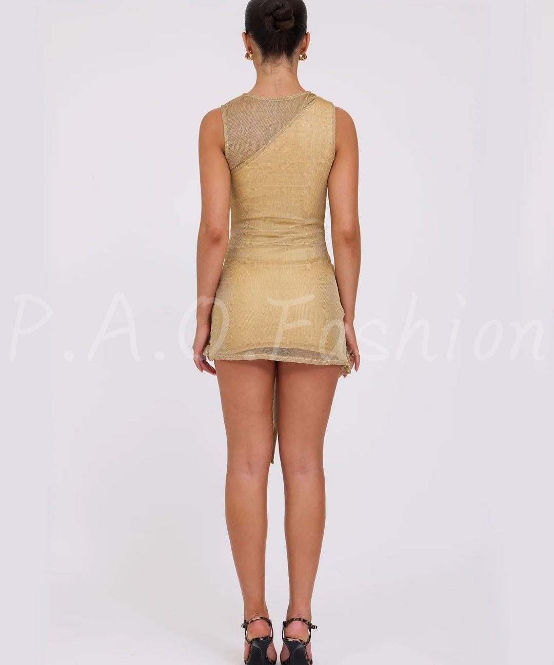 Metallic One-Shoulder Ruched Mesh Mini Dress[Available Now]