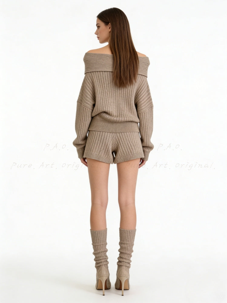 Off-Shoulder Knit Sweater & Relaxed Shorts Two-Piece Set