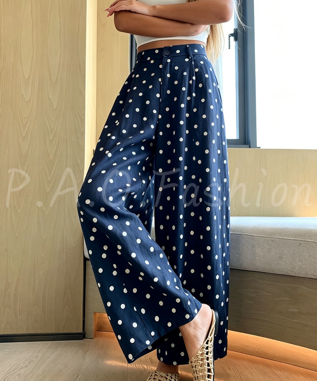 Vintage Polka Dot Linen Blend Cropped Wide-Leg Pants