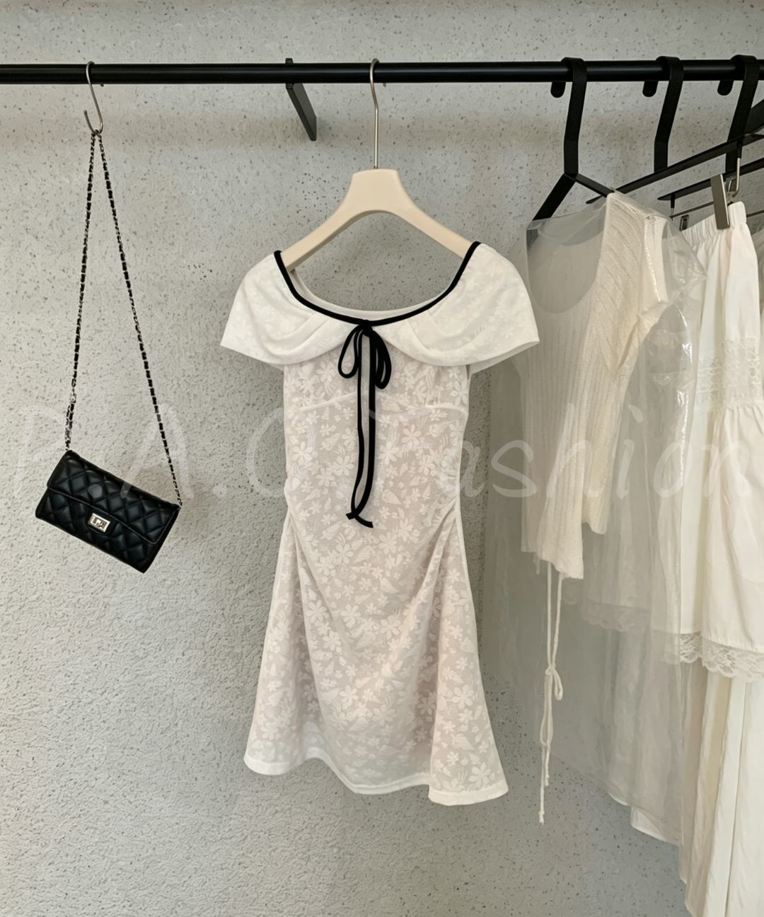 Contrast Trim Off-Shoulder Jacquard Mini Dress