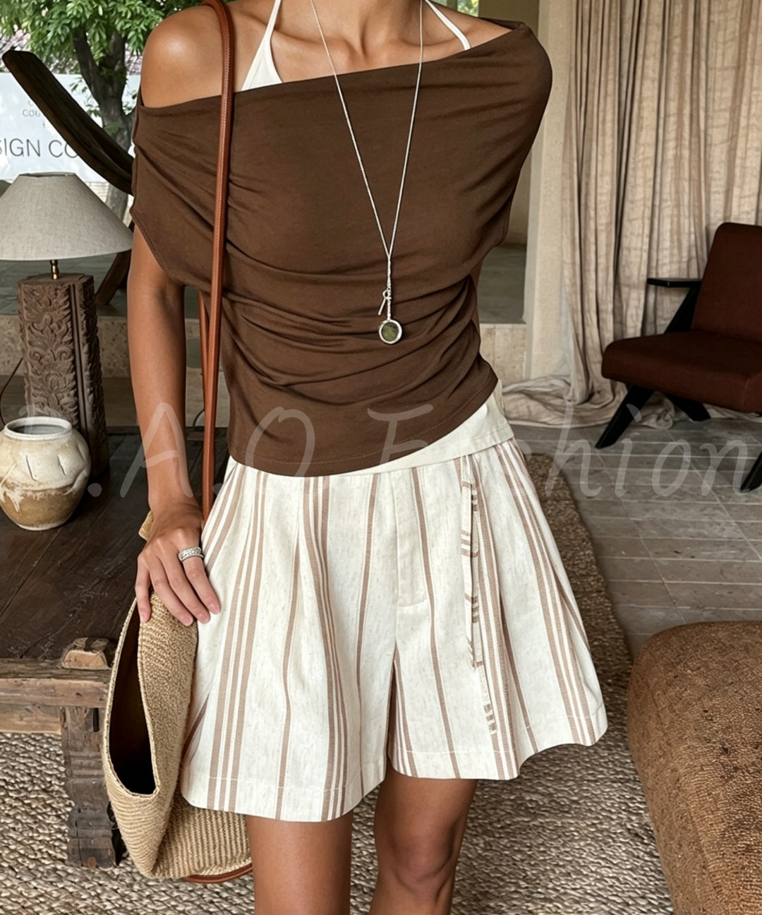 Striped Linen-Blend High-Waisted Shorts[Available Now]