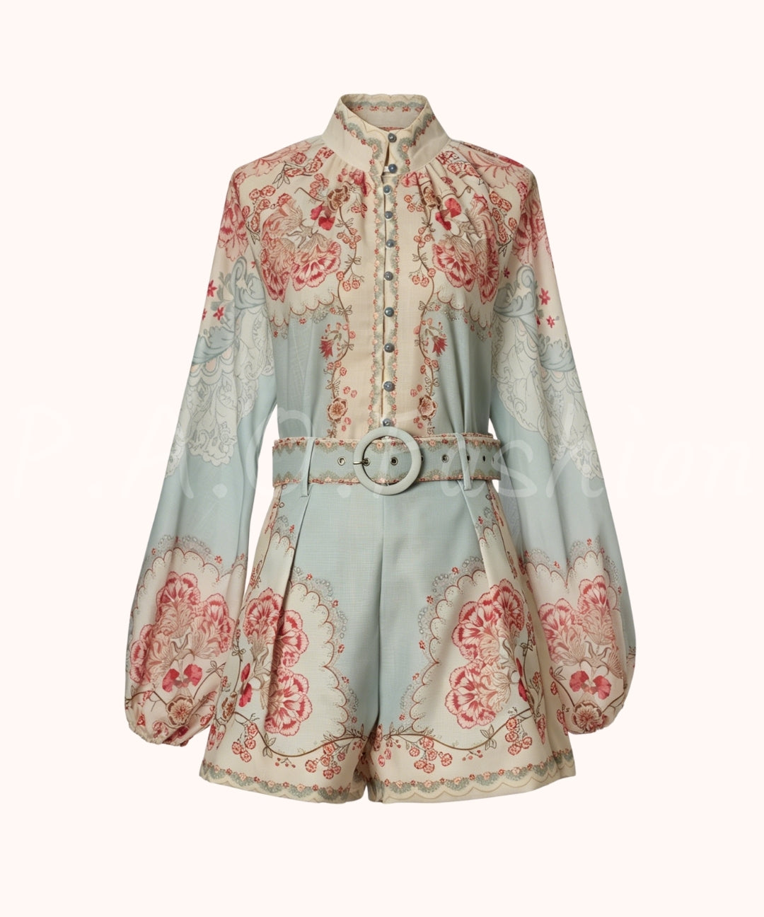 Vintage Floral High Neck Shirt & Shorts Set[Available Now]