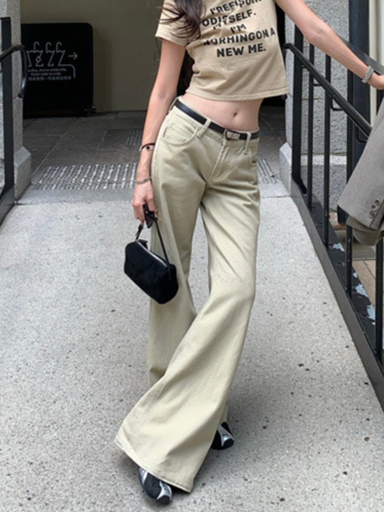 Light Khaki Straight-Leg Casual Flared Pants