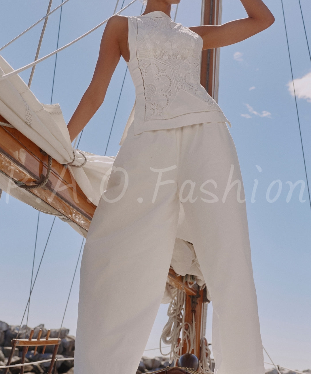 Lace Broderie Anglaise Boat Neck Top & Wide Leg Trousers Set[Available Now]
