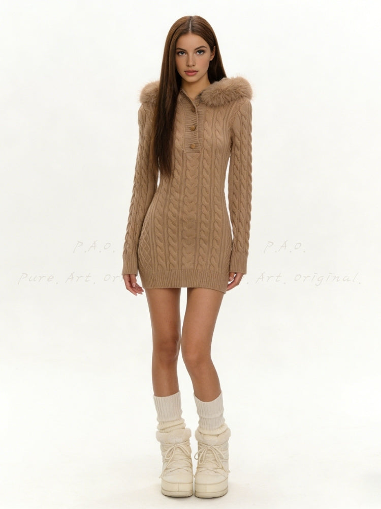 Eco Faux Fox Fur Hooded Knit Mini Dress