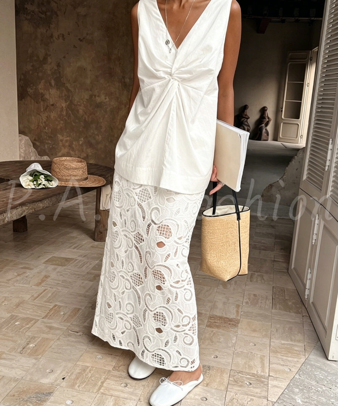 Cotton Eyelet Embroidered High-Waisted Maxi Skirt[Available Now]