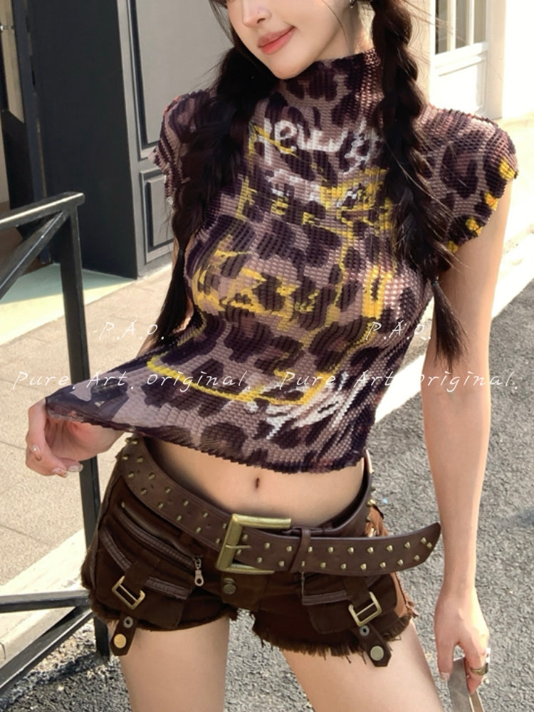 Leopard Print Ruched Mock Neck Crop Top