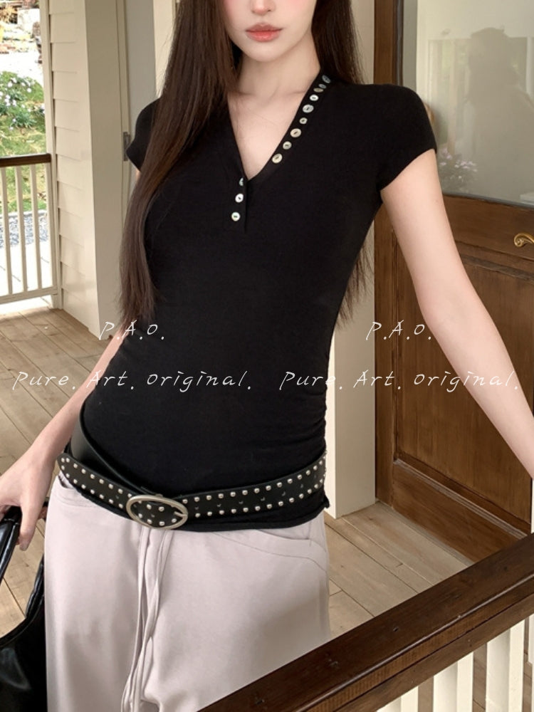 Ruched V-Neck Button Ribbed Crop Tee