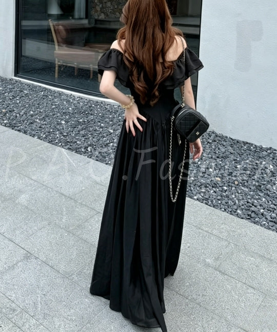 Off-Shoulder Ruffle Corset Maxi Dress