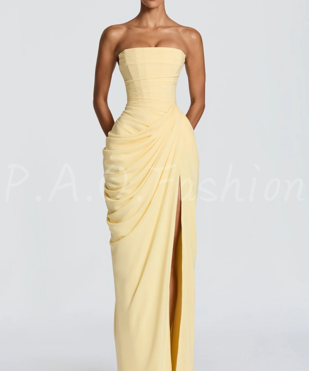 Strapless Ruched Slit Maxi Dress[Available Now]