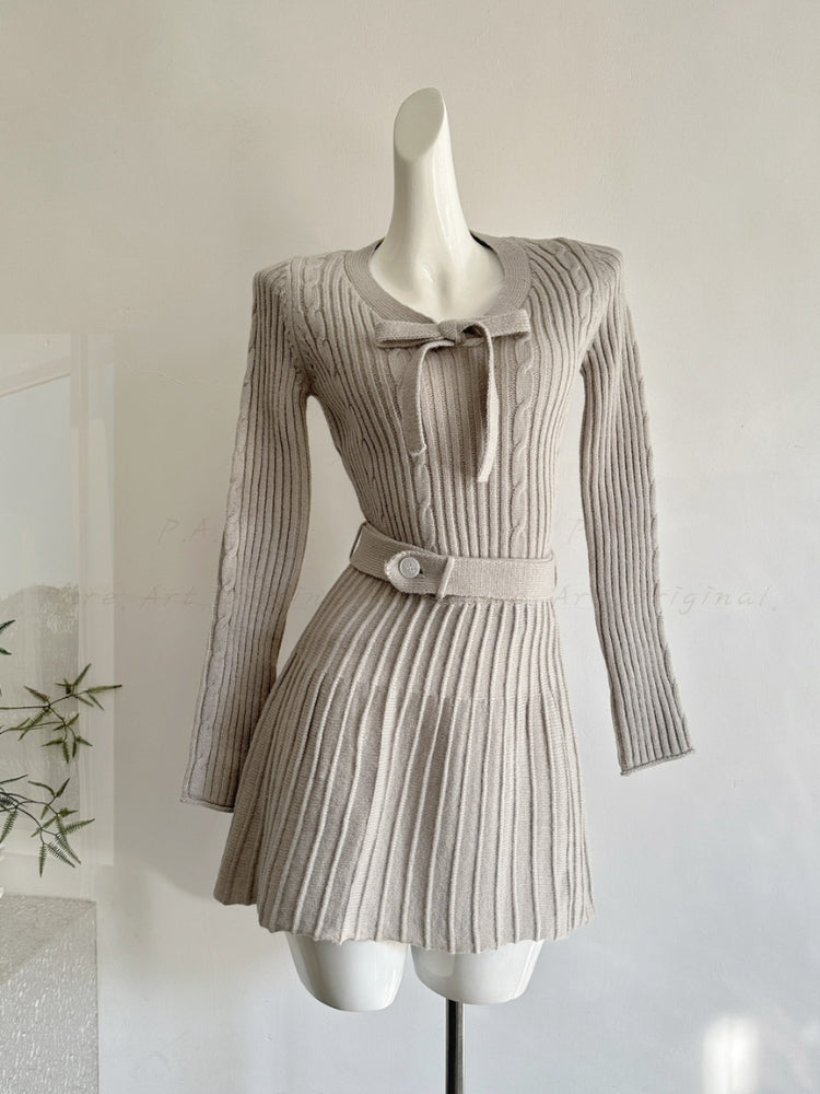 Autumn Grace – Bow Knit & Pleated Skirt Set