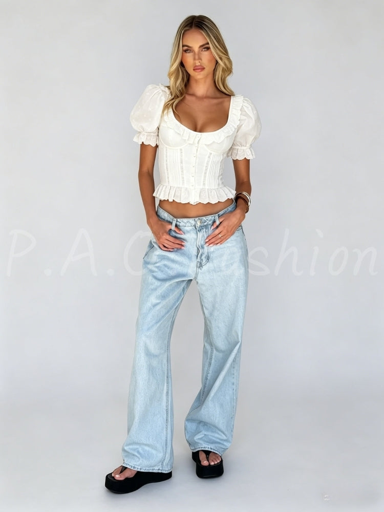 Lace Trim Puff Sleeve Shirred Peplum Blouse