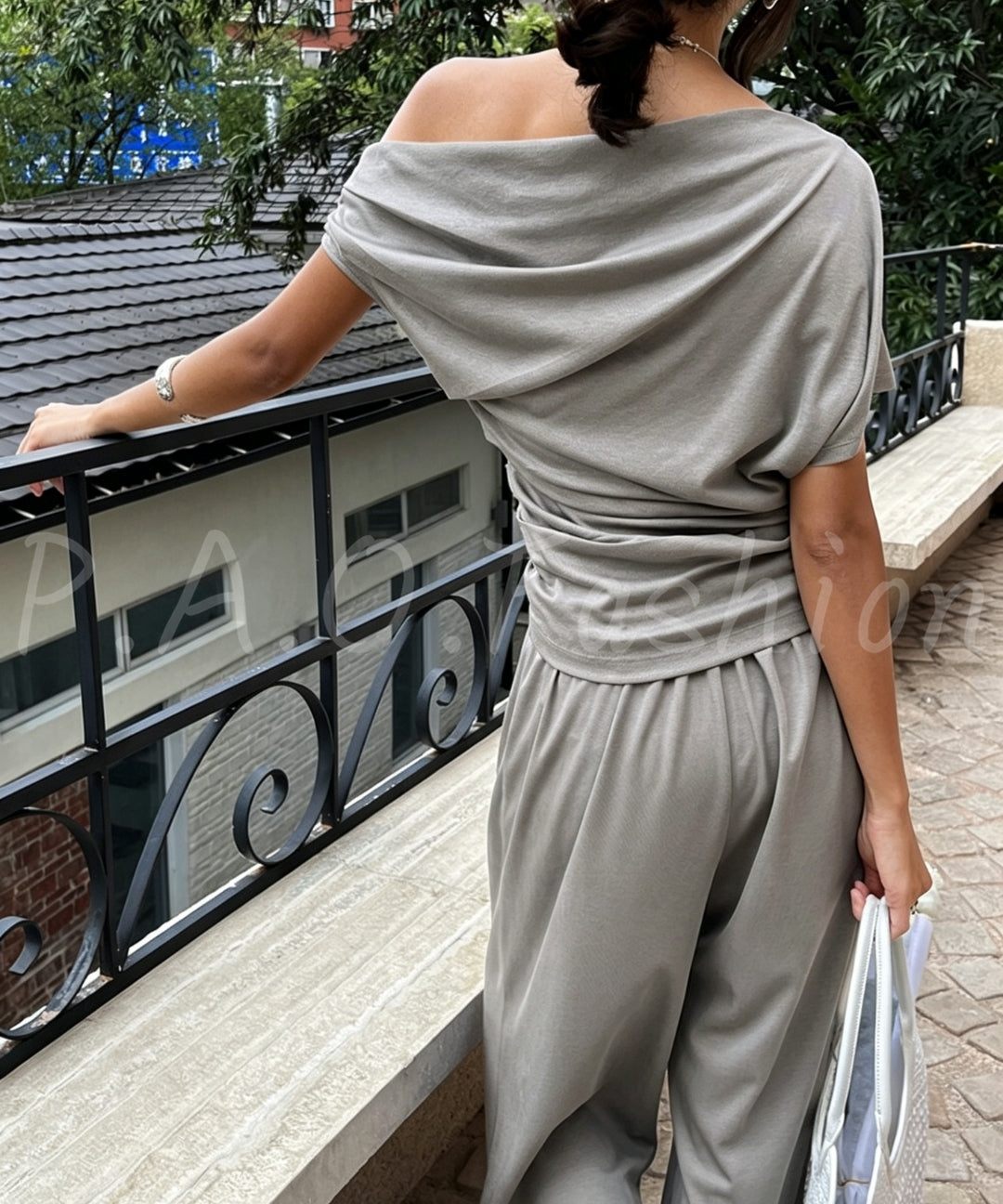 Tencel-Blend Asymmetric Draped Top & Wide-Leg Pants Set[Available Now]