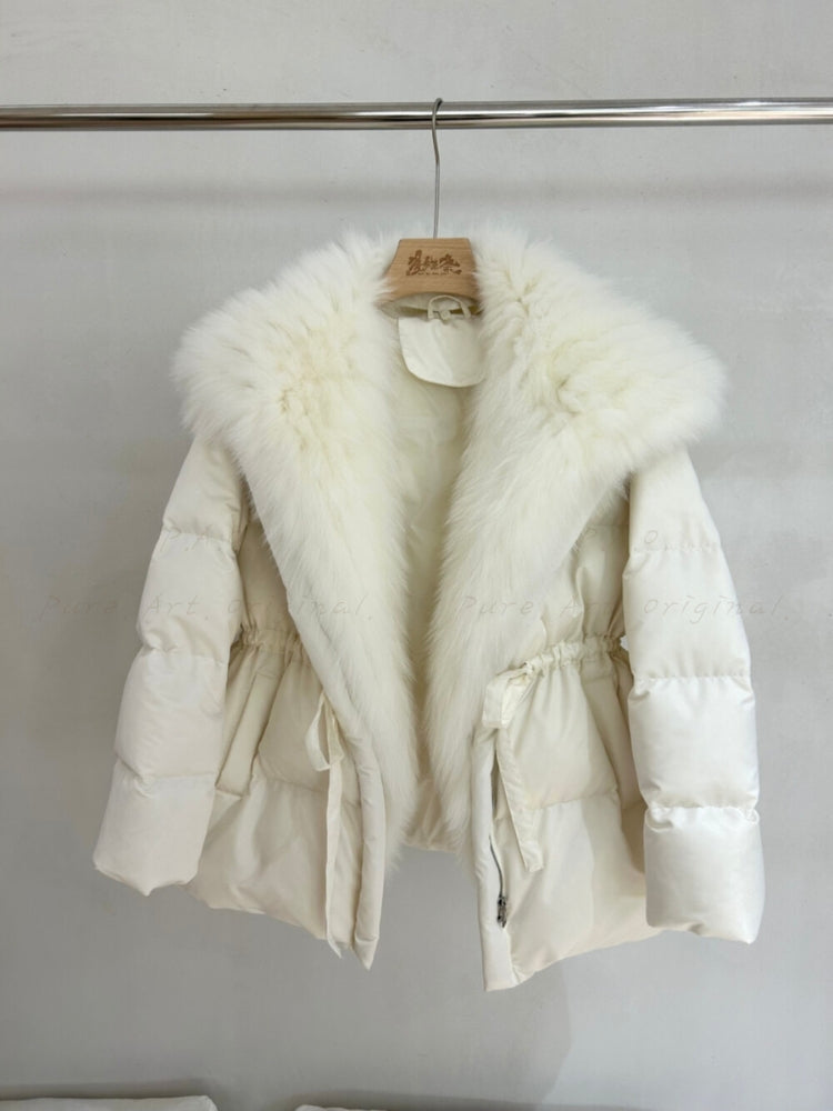 Warm Down Jacket with Turn-Down Collar & Detachable Fur Trim