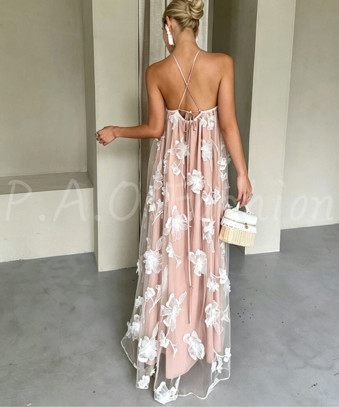 Floral Halter Mesh Maxi Dress