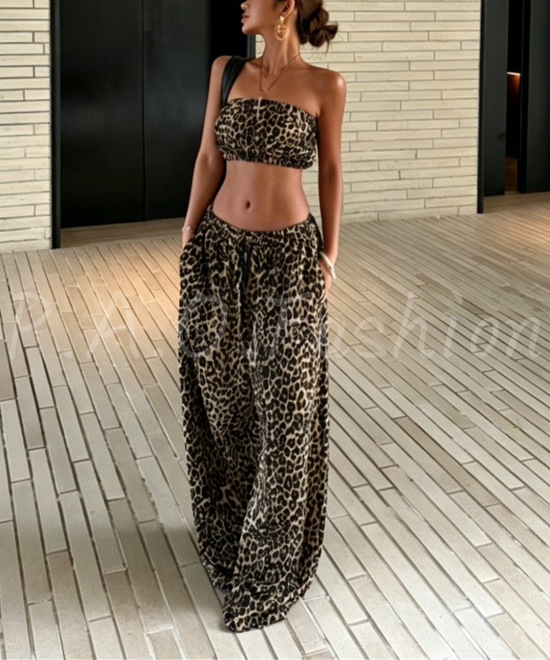 Leopard Print Bandeau Top & Wide-Leg Pants Set[Available Now]